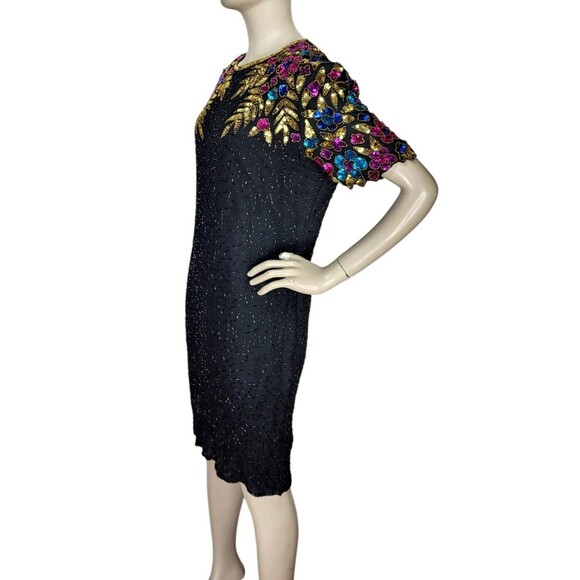 Vintage 80s STENAY Art Deco Sequined Beaded 100% Silk Party Dress Size 10 India - Picture 5 of 9